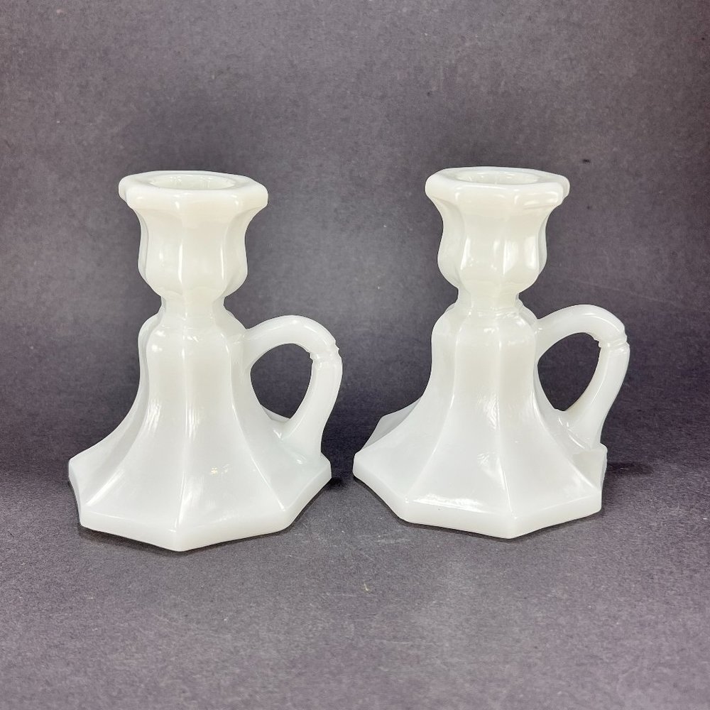 Vtg LE Smith Candlestick Candle Holders White Milk Glass 221 Colonial Octagon